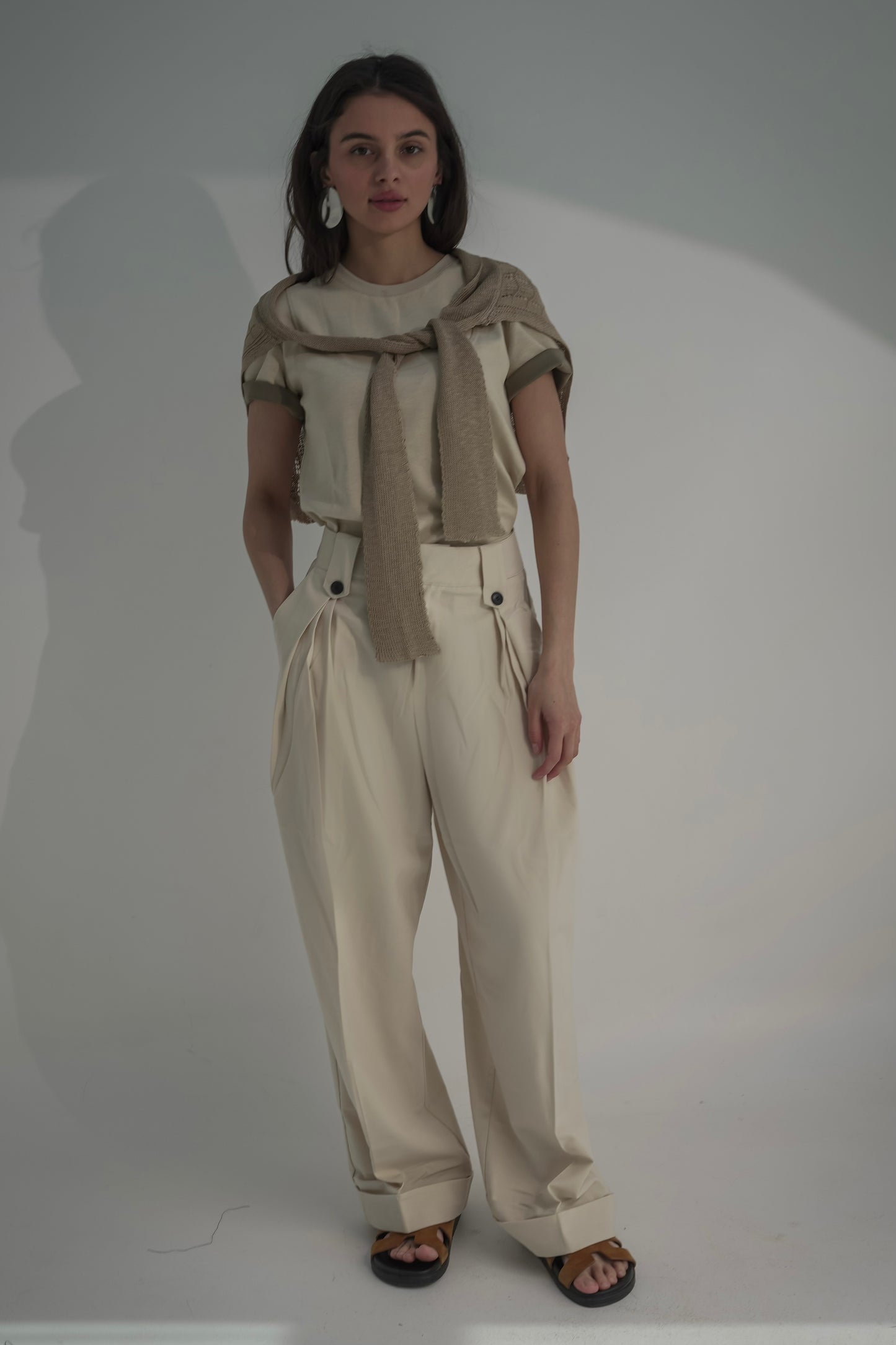 Beige pants & tshirt with shirt scarve