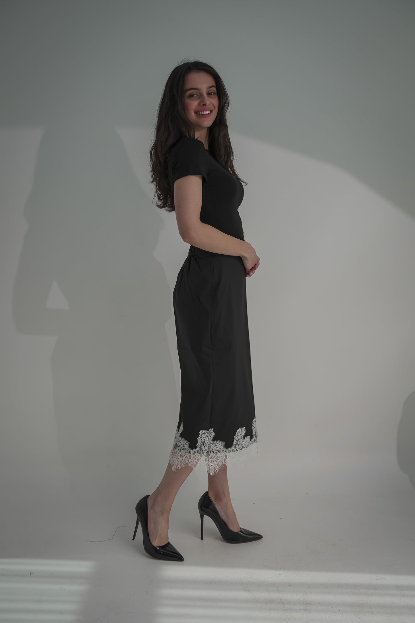 Black skirt with white lace & tshirt