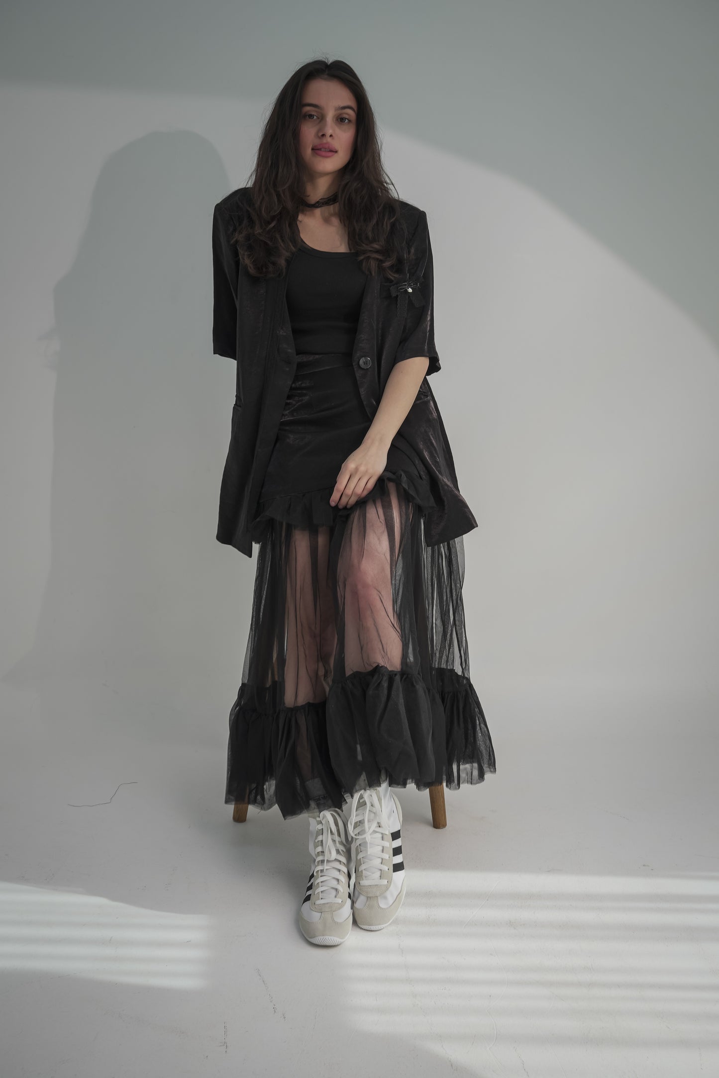 Mesh long skirt with short blazer