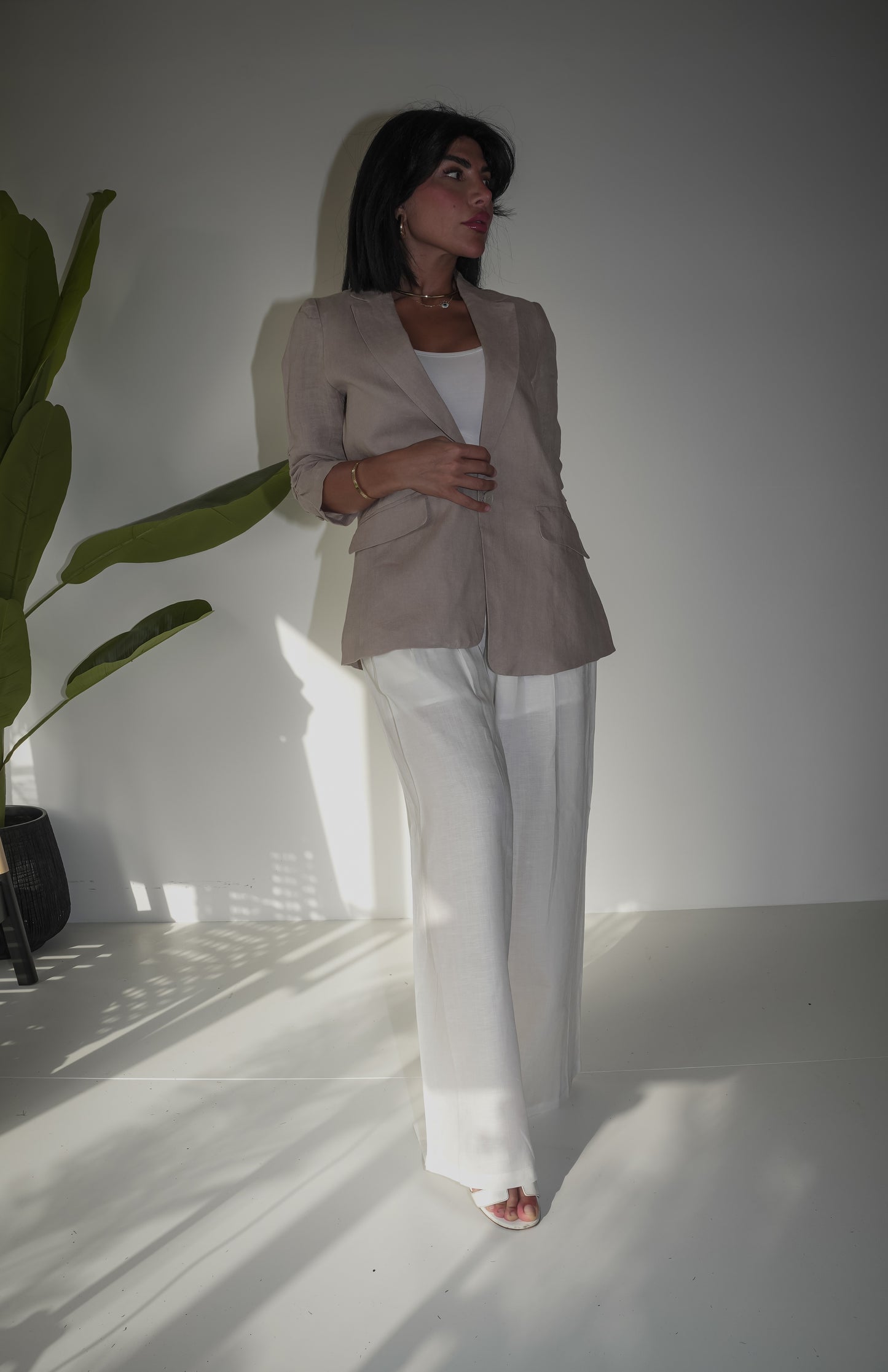 Beige blazer & off white pants