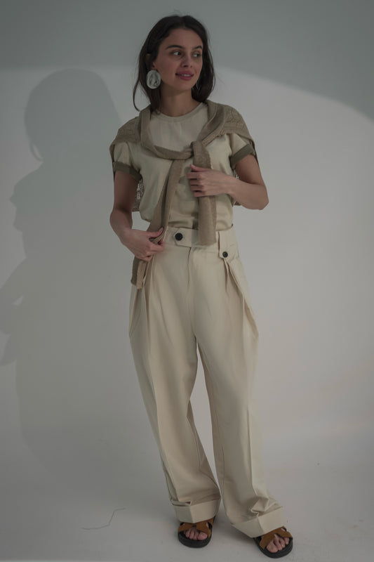 Beige pants & tshirt with shirt scarve