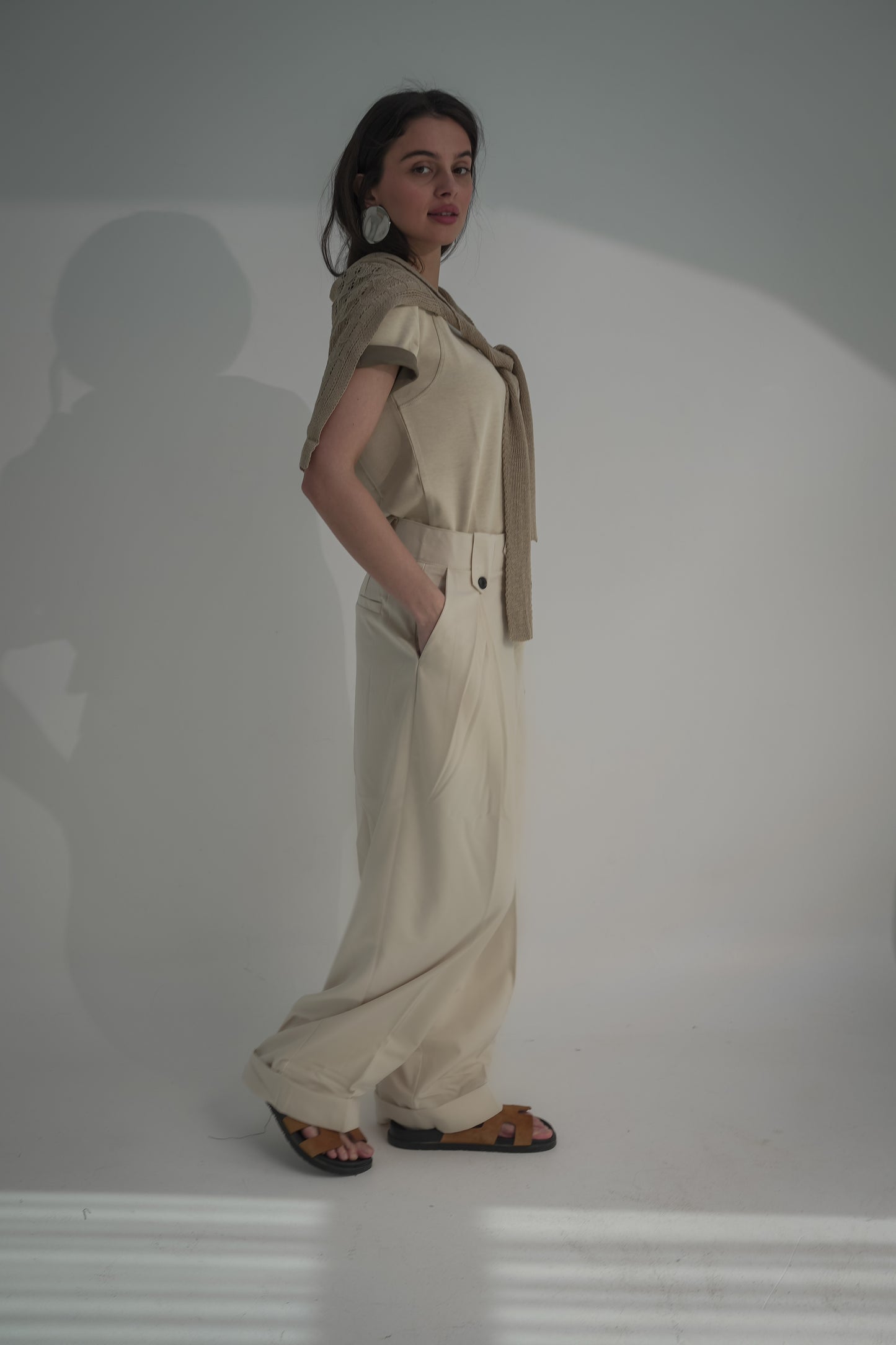Beige pants & tshirt with shirt scarve