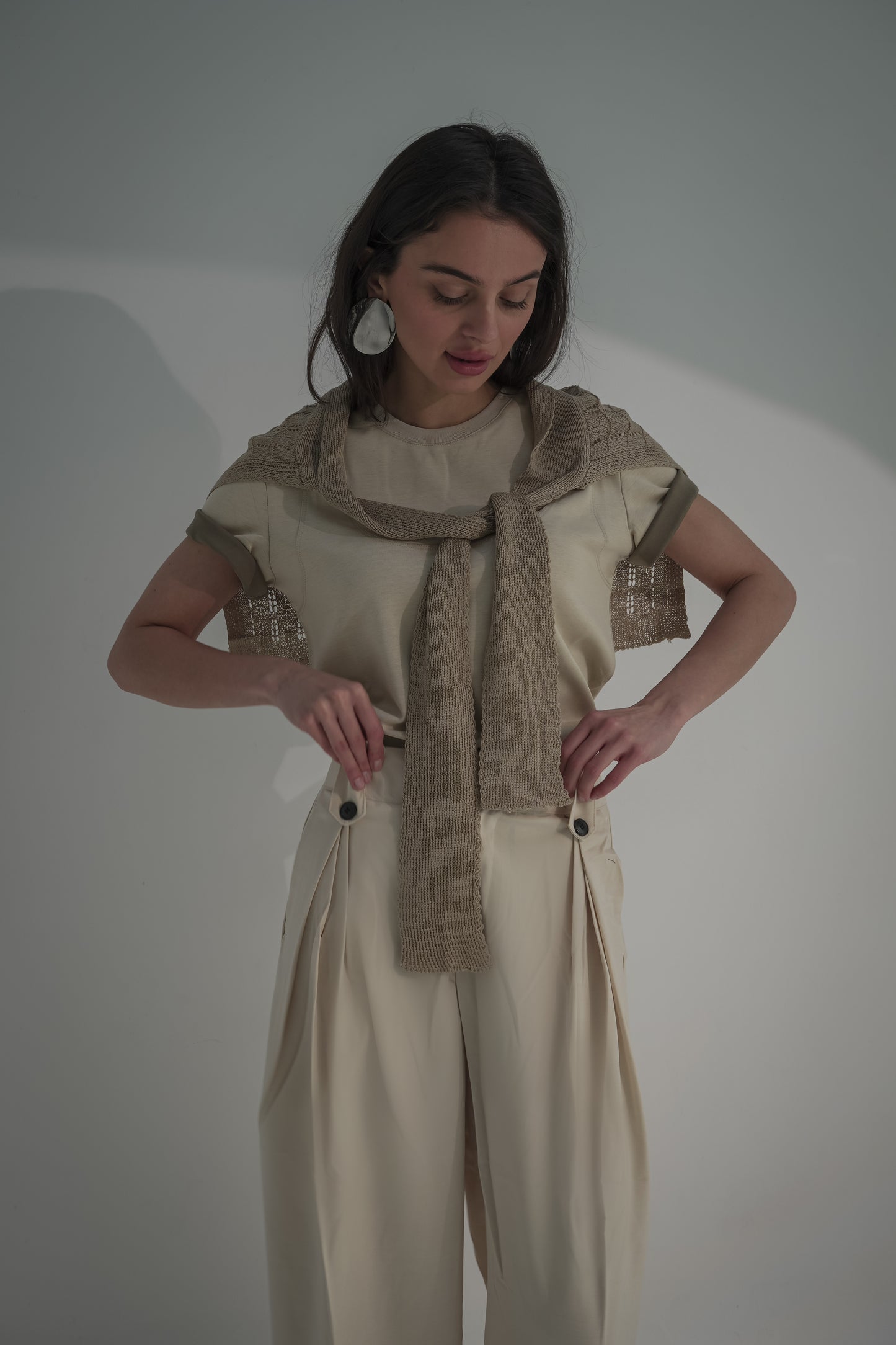 Beige pants & tshirt with shirt scarve