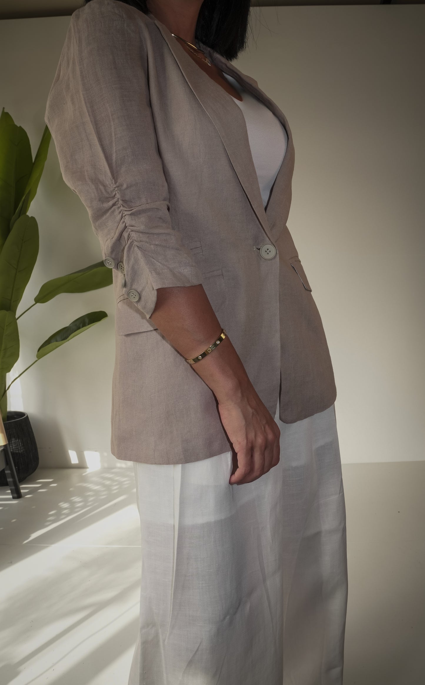 Beige blazer & off white pants