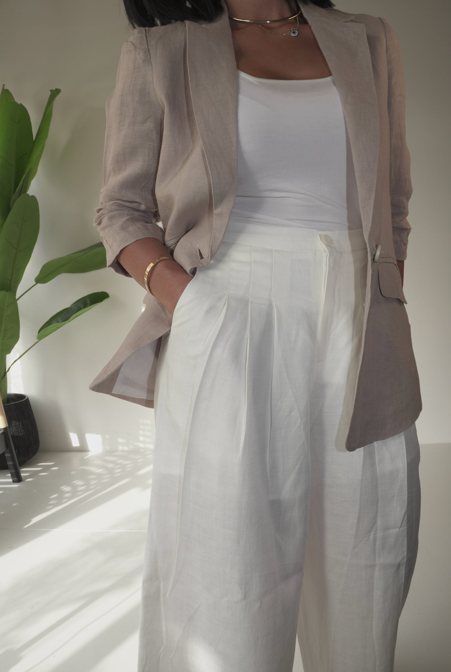 Beige blazer & off white pants