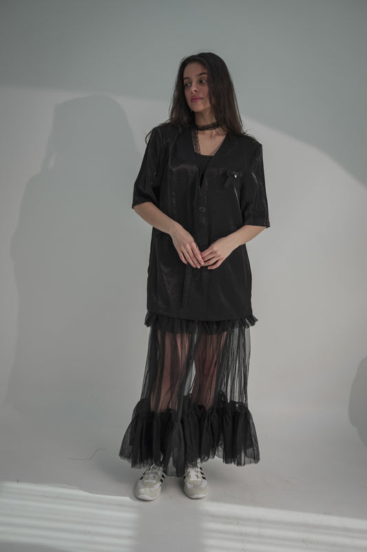 Mesh long skirt with short blazer