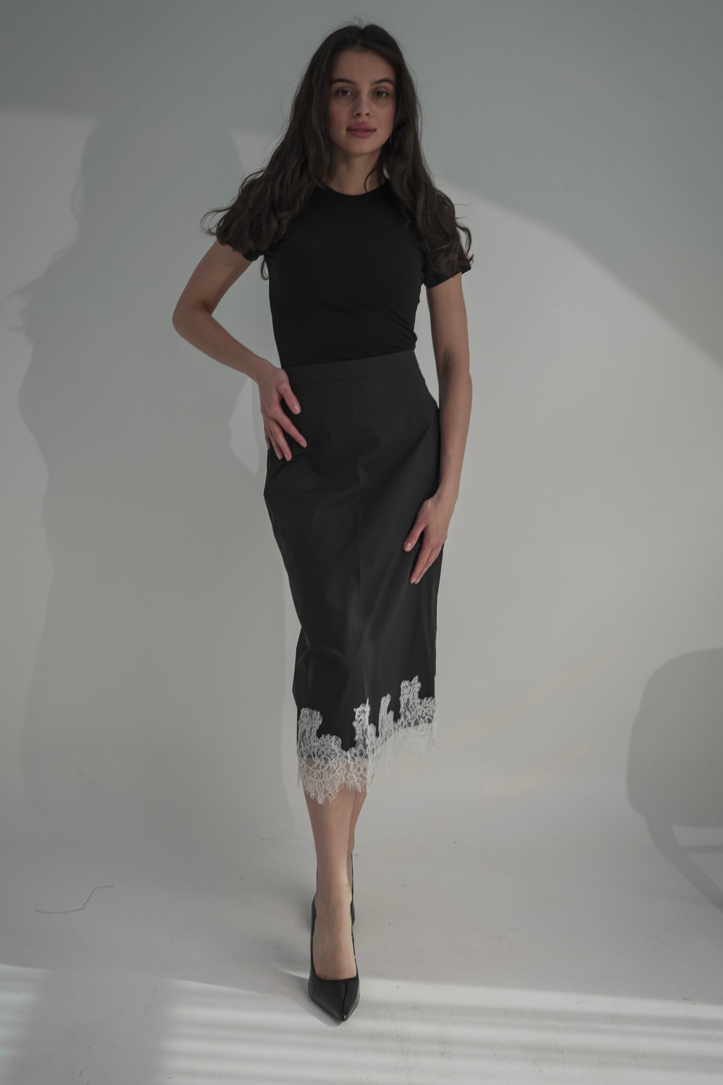 Black skirt with white lace & tshirt