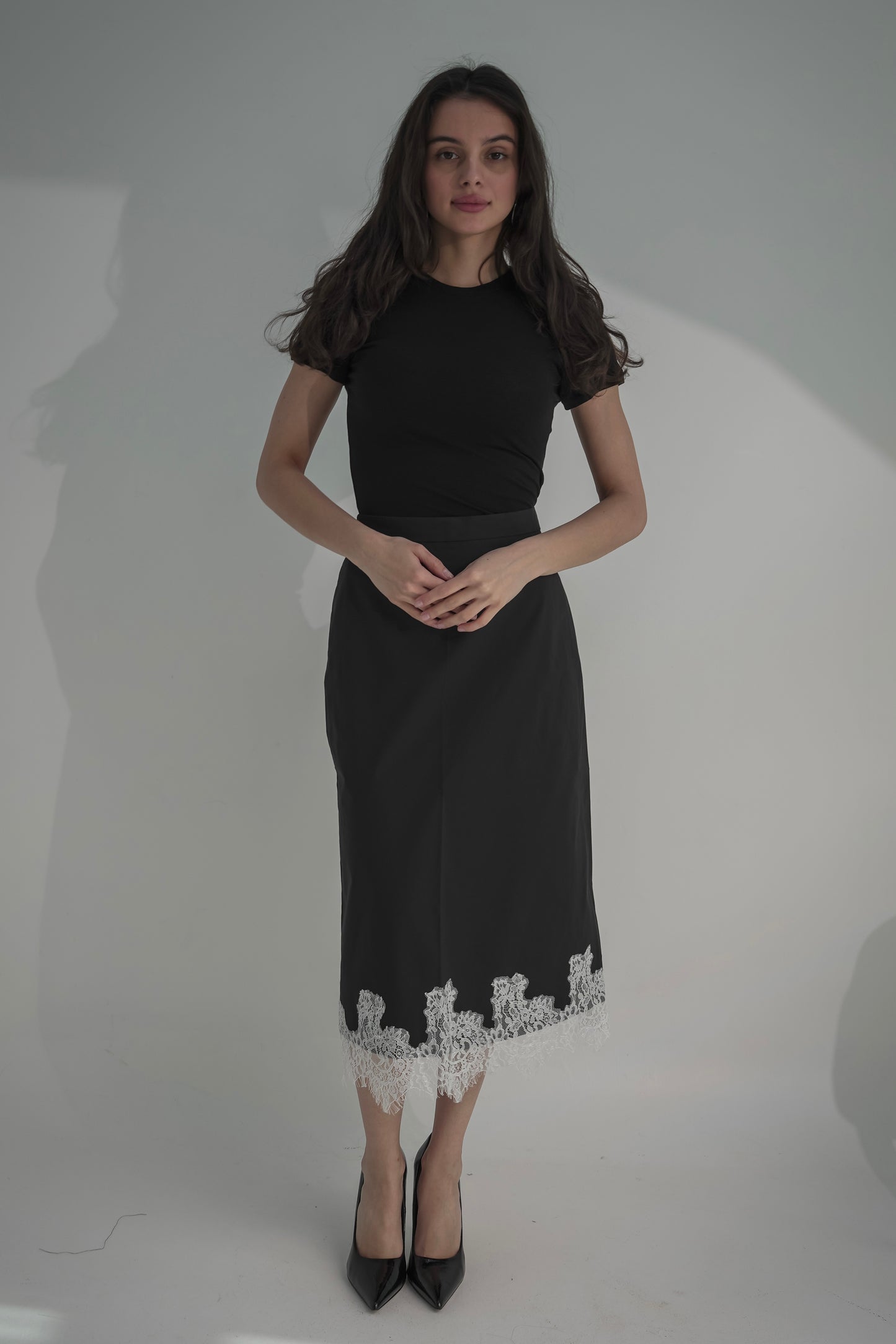 Black skirt with white lace & tshirt