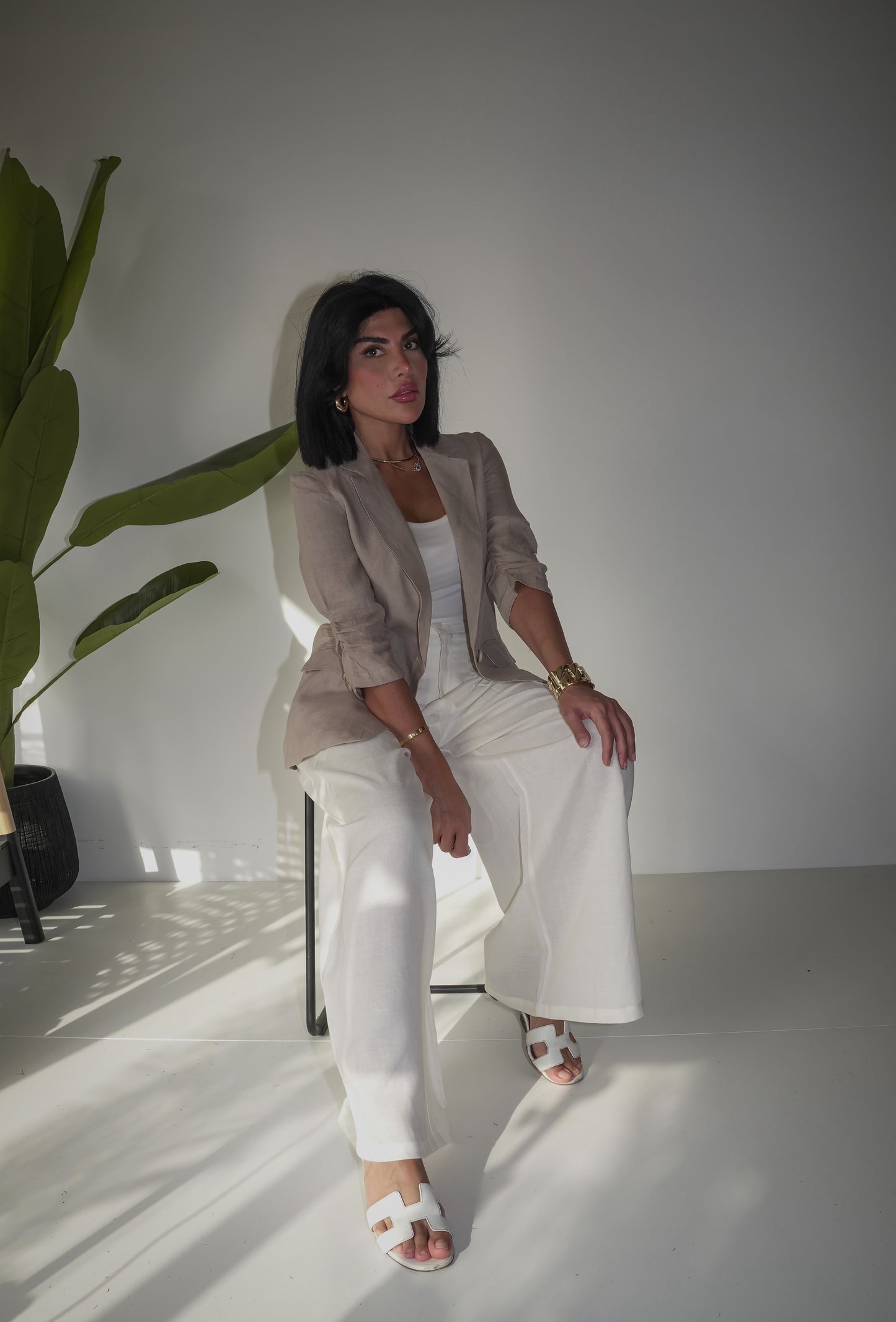 Beige blazer & off white pants